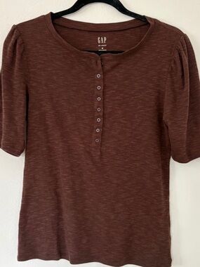 Gap Rib Henley Short Puff Sleeve Button Up Cotton Blend Top Y2K Cottagecore